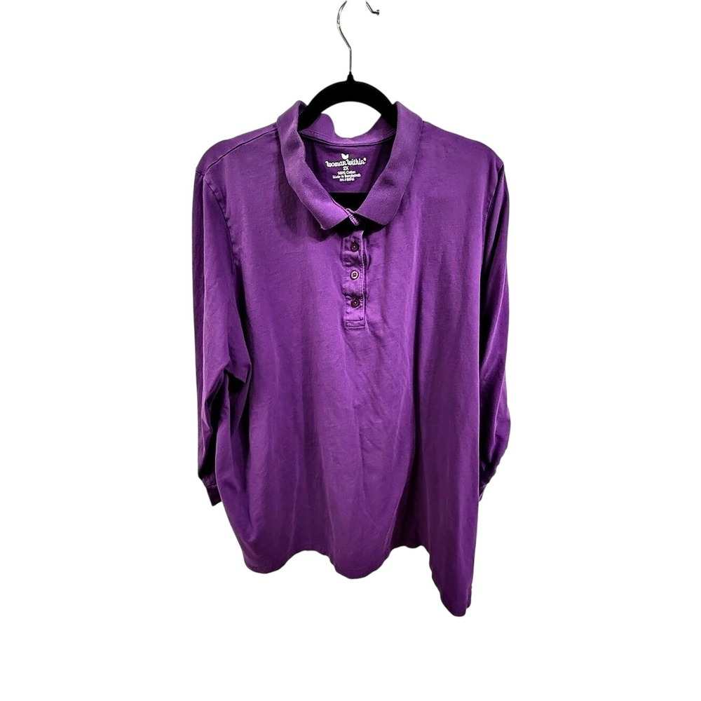 Woman Within Long Sleeve Polo Shirt Purple Cotton Tunic Plus Size 2X